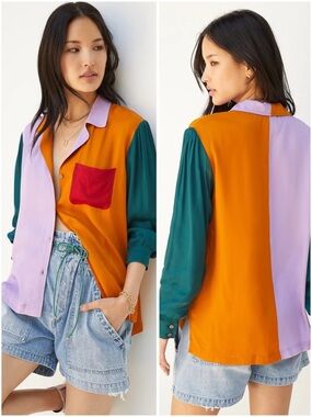 Farm Rio Anthropologie PuffSleeved Buttondown Shirt Lavender Orange Colorblock B